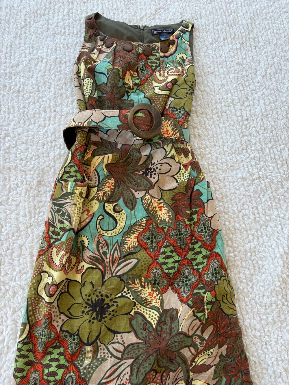 Jessica Howard Floral Sleeveless Dress with Wooden Buttons - Green, Teal & Brown